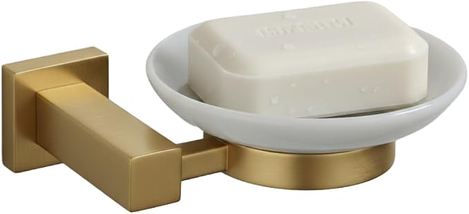 Wall-Mounted Ceramic Soap Dish with Solid Brass Holder - Brushed Brass