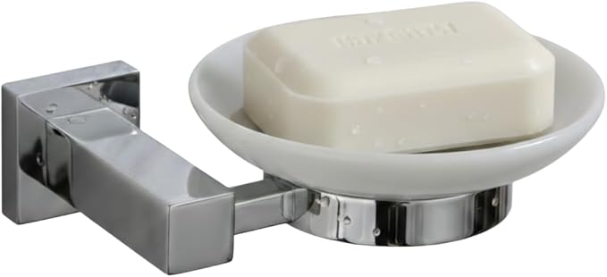 Wall-Mounted Ceramic Soap Dish with Solid Brass Holder - Polished Chrome