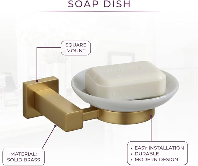 Wall-Mounted Ceramic Soap Dish with Solid Brass Holder - Brushed Brass