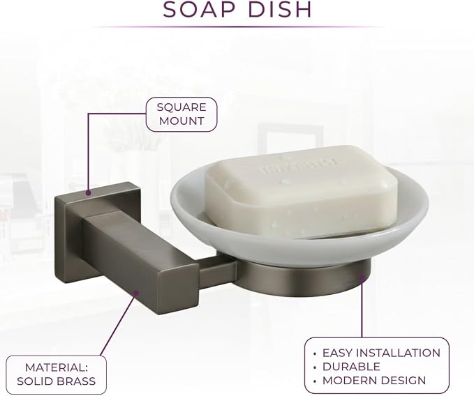 Wall-Mounted Ceramic Soap Dish with Solid Brass Holder - Gunmetal Grey