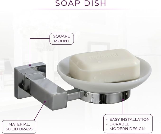 Wall-Mounted Ceramic Soap Dish with Solid Brass Holder - Polished Chrome