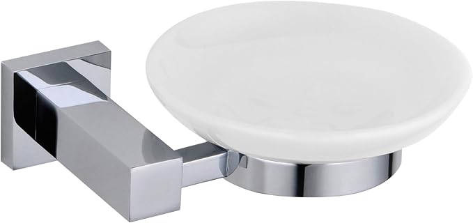 Wall-Mounted Ceramic Soap Dish with Solid Brass Holder - Polished Chrome