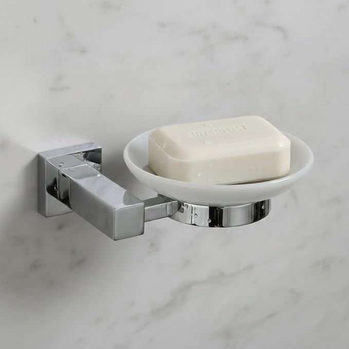 Wall-Mounted Ceramic Soap Dish with Solid Brass Holder - Polished Chrome