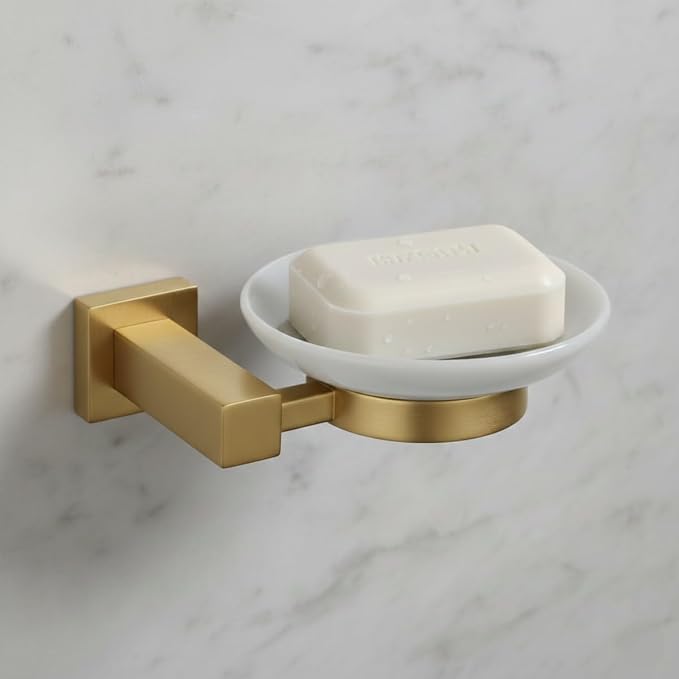 Wall-Mounted Ceramic Soap Dish with Solid Brass Holder - Brushed Brass
