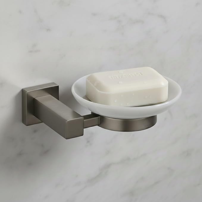 Wall-Mounted Ceramic Soap Dish with Solid Brass Holder - Gunmetal Grey