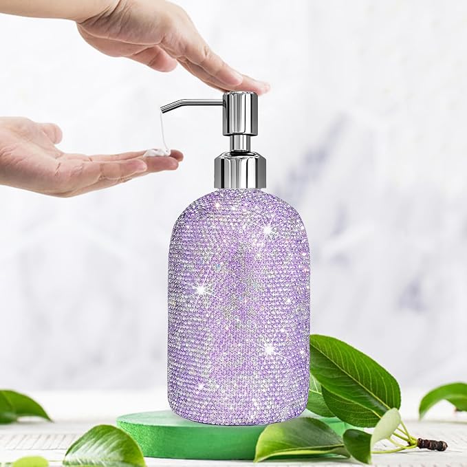Vintage Embossed Glass Soap Dispenser with Stainless Steel Pump - Purple (500ml)