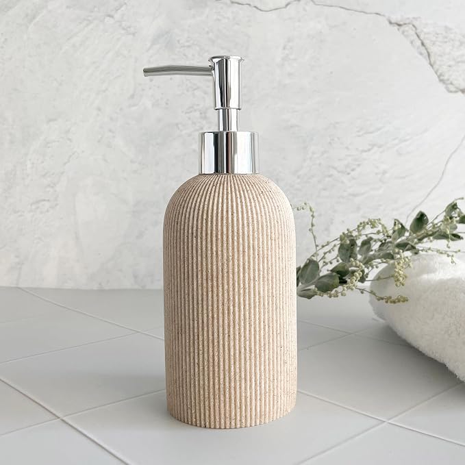 Ribbed Ceramic Hand Soap Dispenser with Chrome Pump - Warm Beige (200ml)