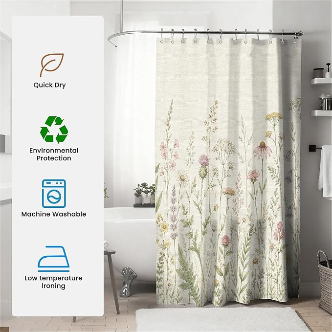 English Wildflower Meadow Shower Curtain with Hooks - Warm Beige (180 x 180cm)