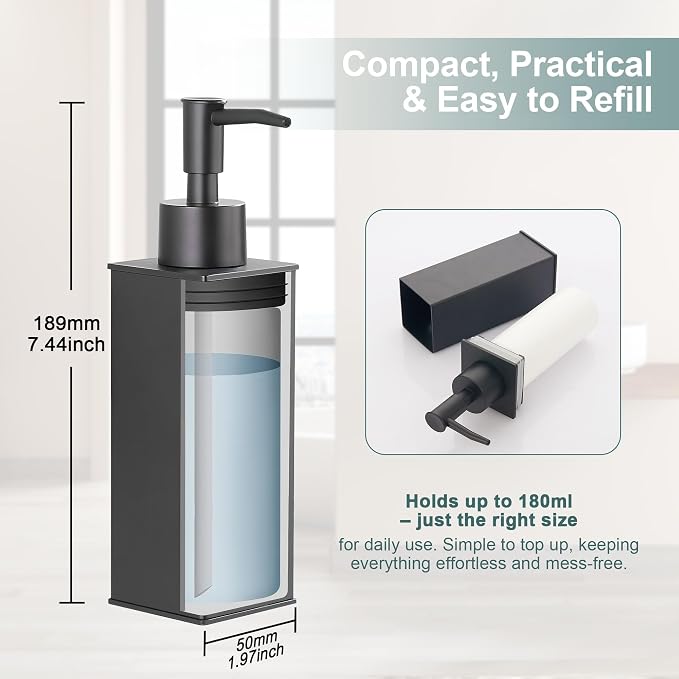 Square Stainless Steel Countertop Soap Dispensers (Set of 2) - Matt Black (180ml)