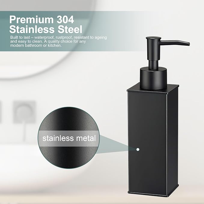 Square Stainless Steel Countertop Soap Dispensers (Set of 2) - Matt Black (180ml)