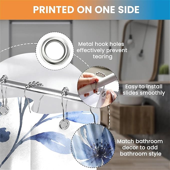 Heritage Blue Floral Printed Shower Curtain with Hooks (180 x 180cm)