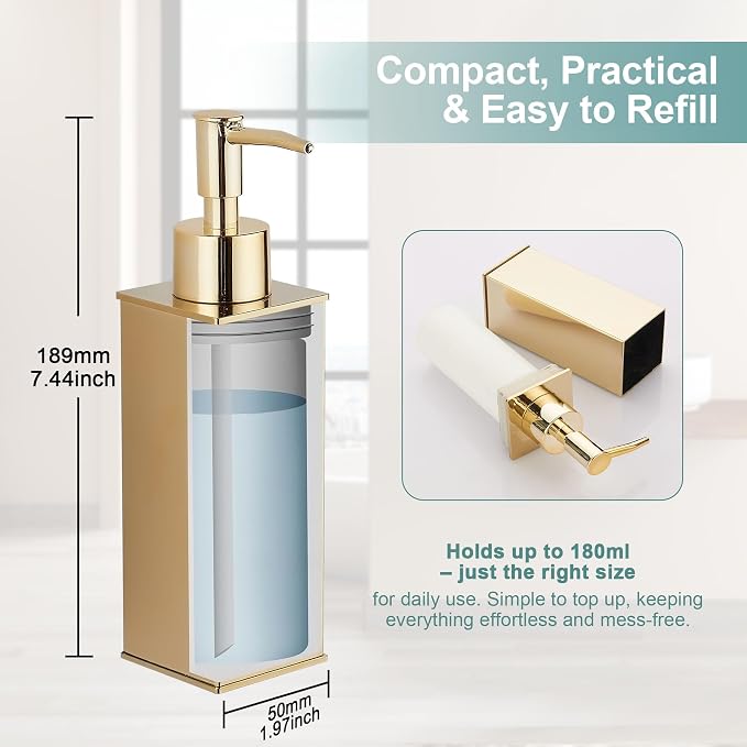 Square Stainless Steel Countertop Soap Dispensers (Set of 2) - Brushed Brass (180ml)