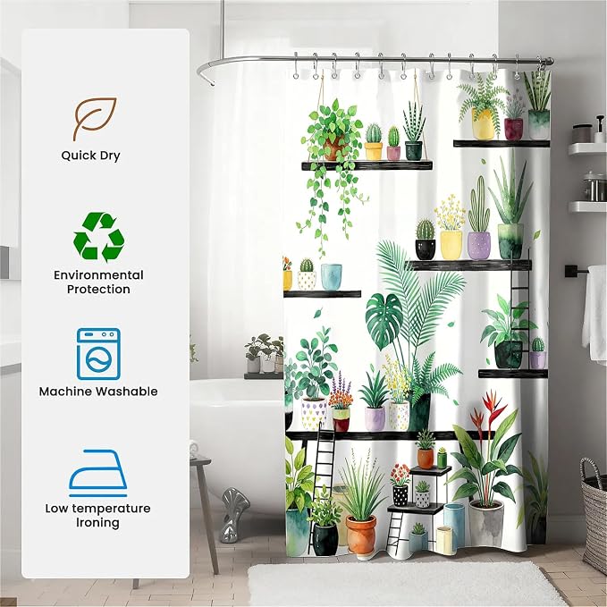 Botanical Shelf Print Water-Repellent Shower Curtain with Hooks (180 x 180cm)
