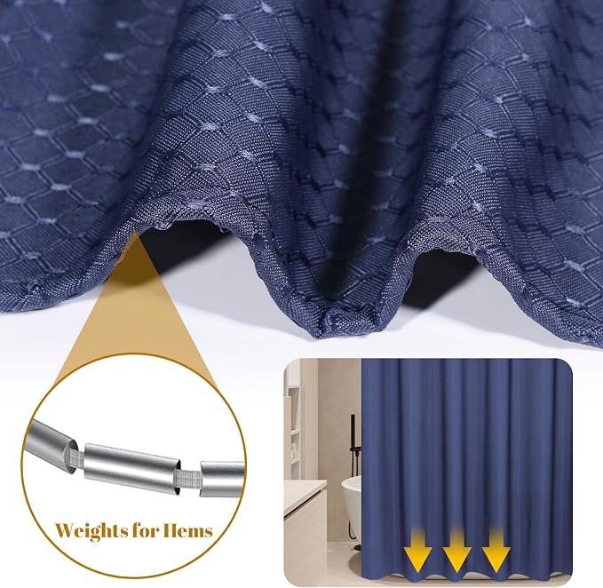 Classic Waffle Weave Shower Curtain with Weighted Hem - Deep Navy (300 x 200cm)