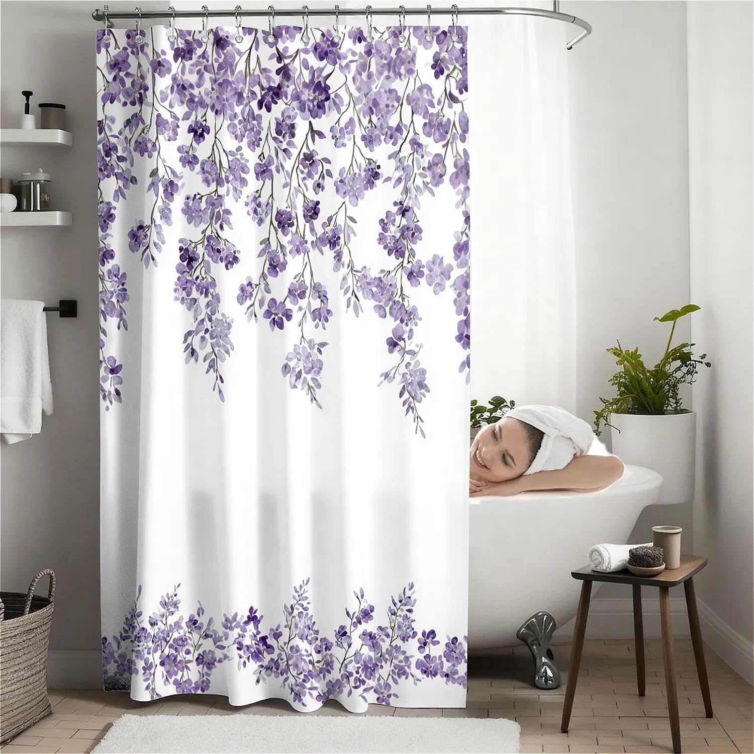 Wisteria Floral Anti-Mould Shower Curtain with 12 Hooks - Lavender (180 x 180cm)