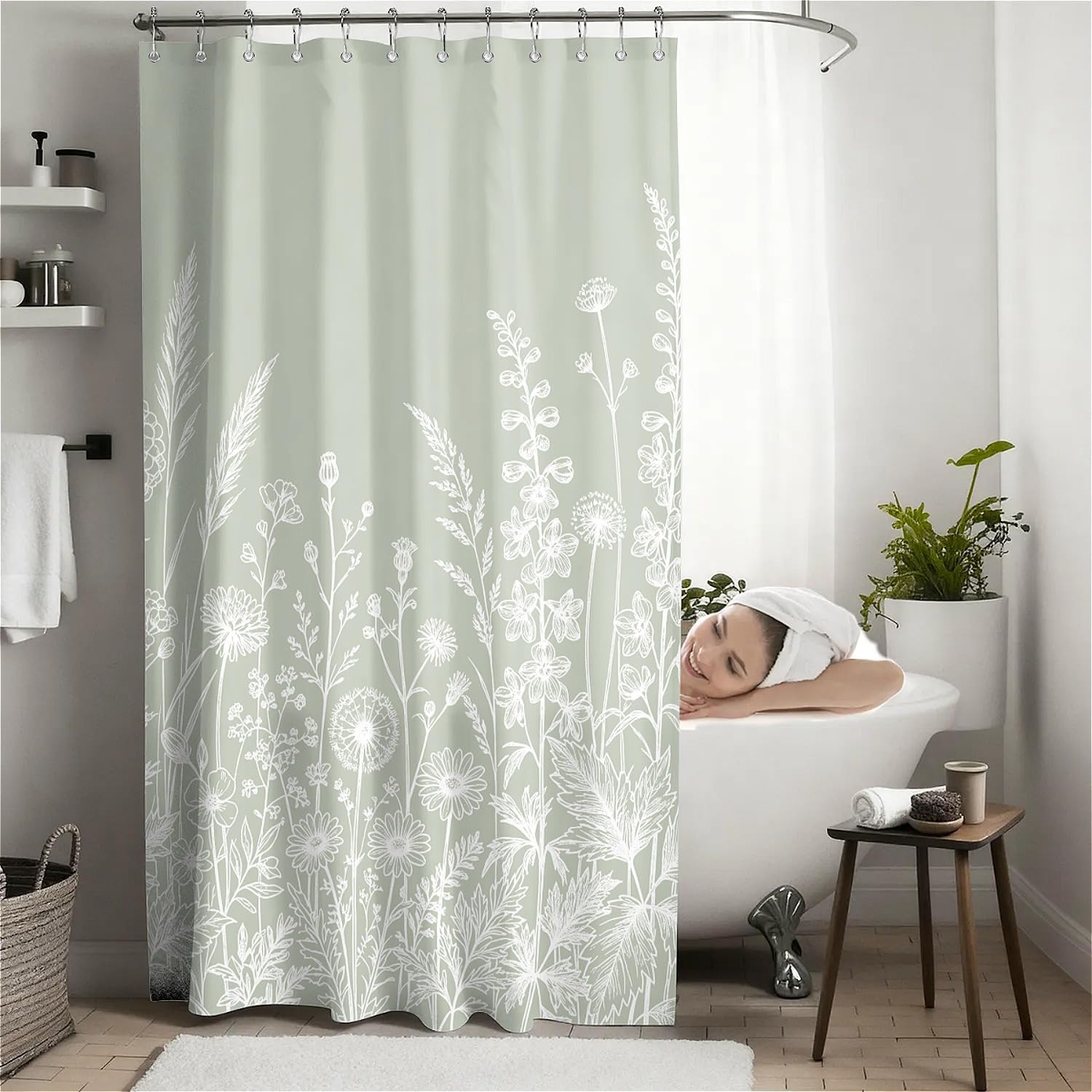 Botanical Foliage Printed Shower Curtain with Hooks - White & Green (180 x 180cm)