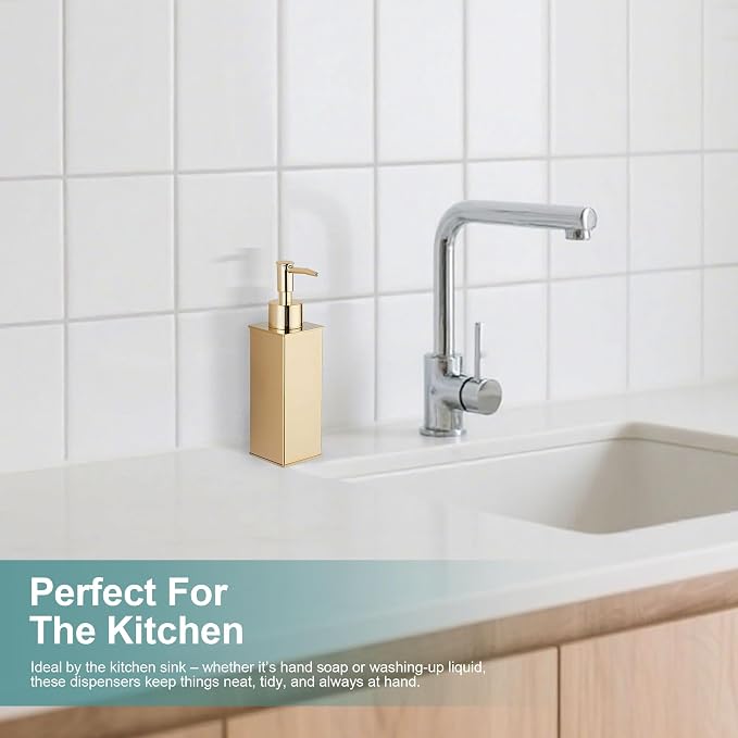 Square Stainless Steel Countertop Soap Dispensers (Set of 2) - Brushed Brass (180ml)
