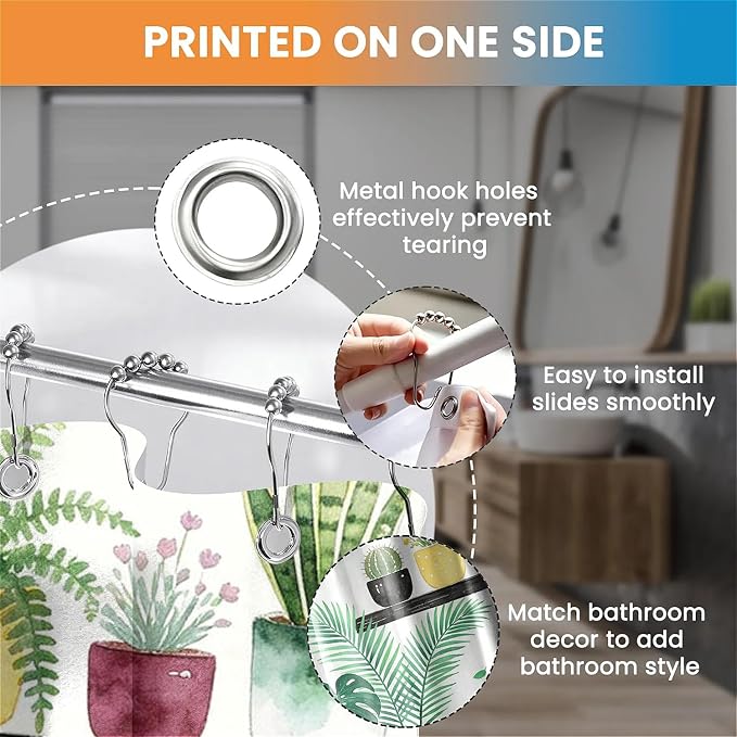 Botanical Shelf Print Water-Repellent Shower Curtain with Hooks (180 x 180cm)