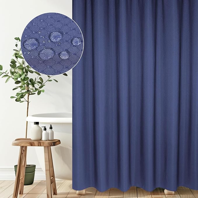 Classic Waffle Weave Shower Curtain with Weighted Hem - Deep Navy (300 x 200cm)