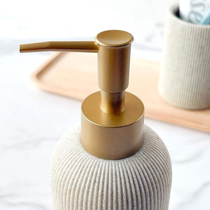 Sandstone Textured Soap Dispenser with Brushed Brass Pump - Sand Beige (200ml)