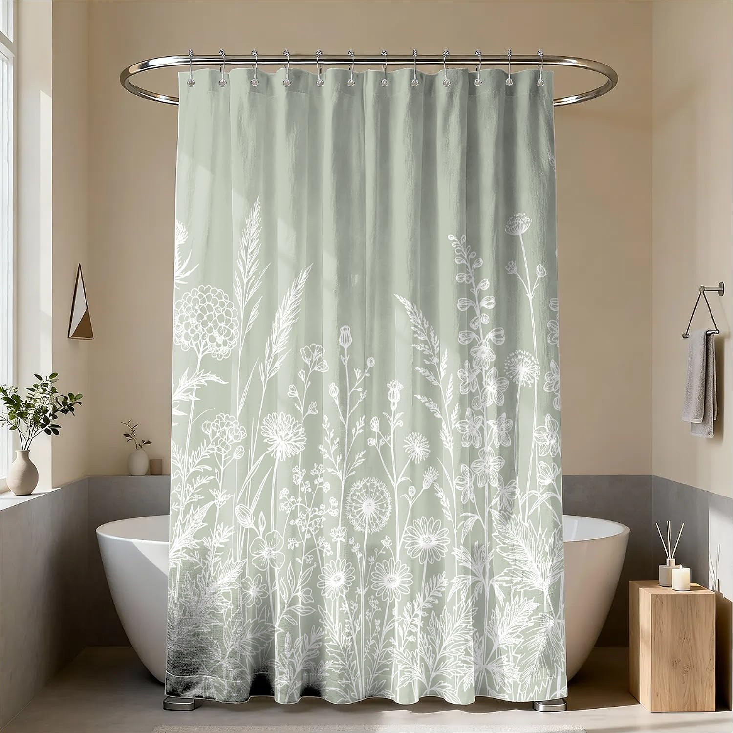 Botanical Foliage Printed Shower Curtain with Hooks - White & Green (180 x 180cm)
