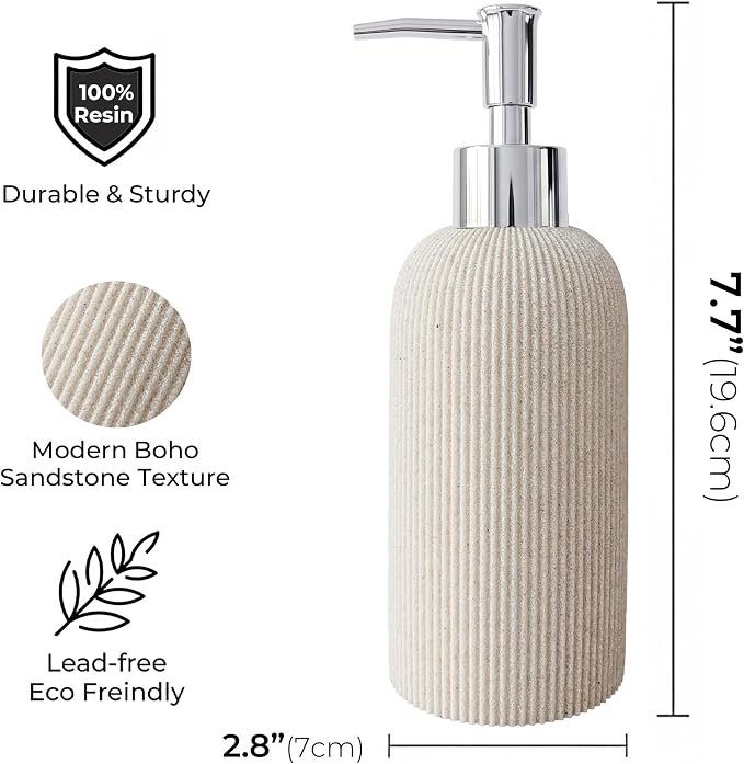 Ribbed Ceramic Hand Soap Dispenser with Chrome Pump - Warm Beige (200ml)