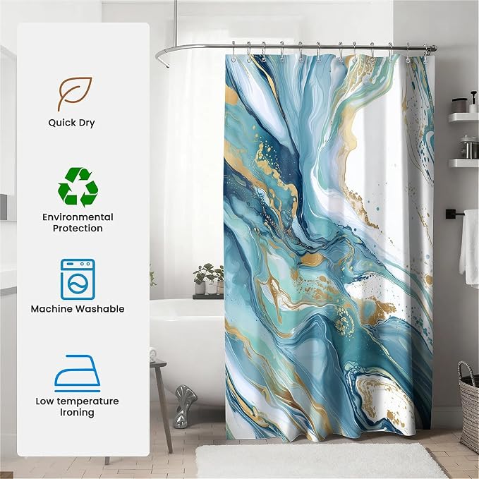 Marble Effect Waterproof Shower Curtain with Hooks - Classic Blue (180 x 180cm)