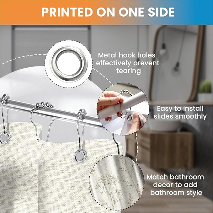 English Wildflower Meadow Shower Curtain with Hooks - Warm Beige (180 x 180cm)