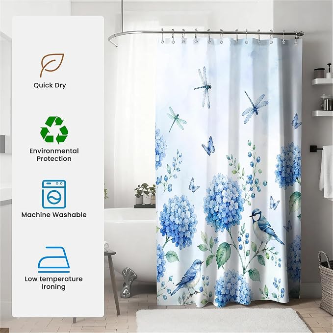 Hydrangea Floral Anti-Mould Shower Curtain with 12 Hooks - Blue (180 x 180cm)