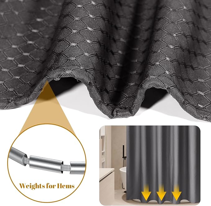 Heavyweight Waffle Weave Shower Curtain with Weighted Hem - Charcoal Grey (300 x 200cm)