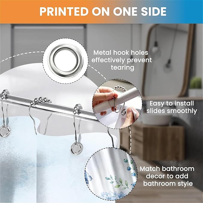 Hydrangea Floral Anti-Mould Shower Curtain with 12 Hooks - Blue (180 x 180cm)