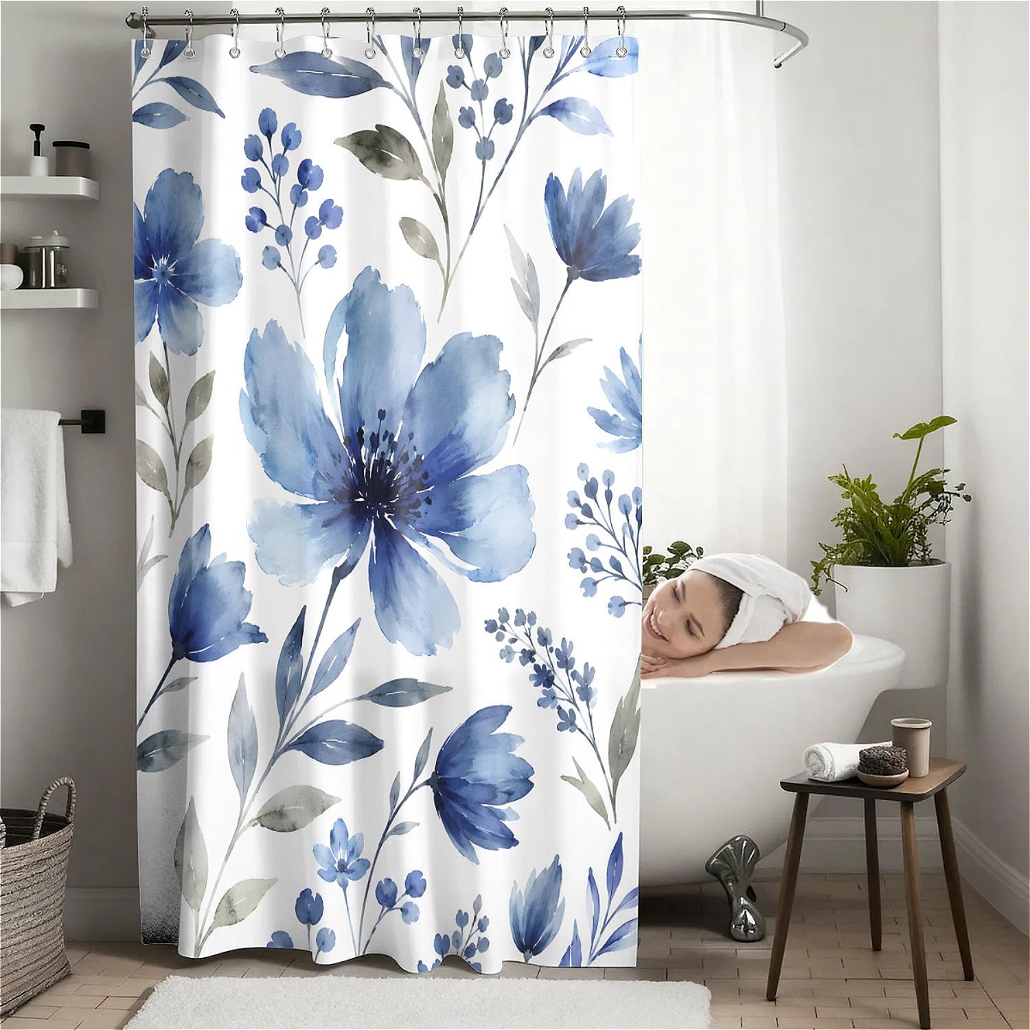 Heritage Blue Floral Printed Shower Curtain with Hooks (180 x 180cm)