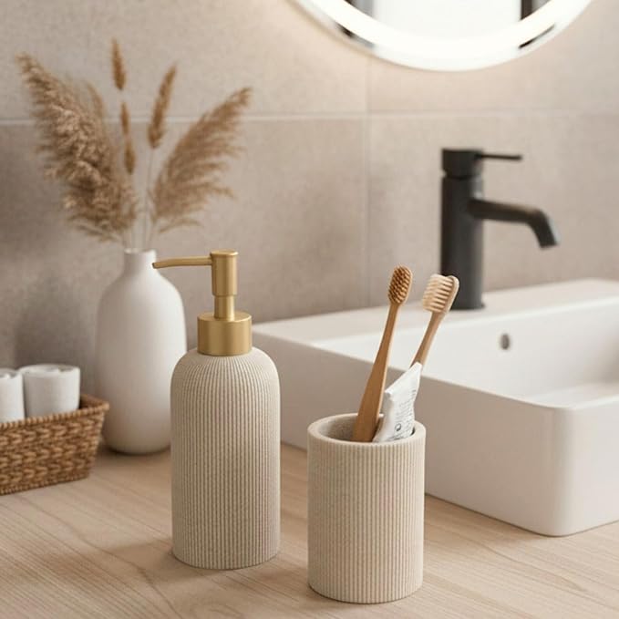 Sandstone Textured Soap Dispenser with Brushed Brass Pump - Sand Beige (200ml)