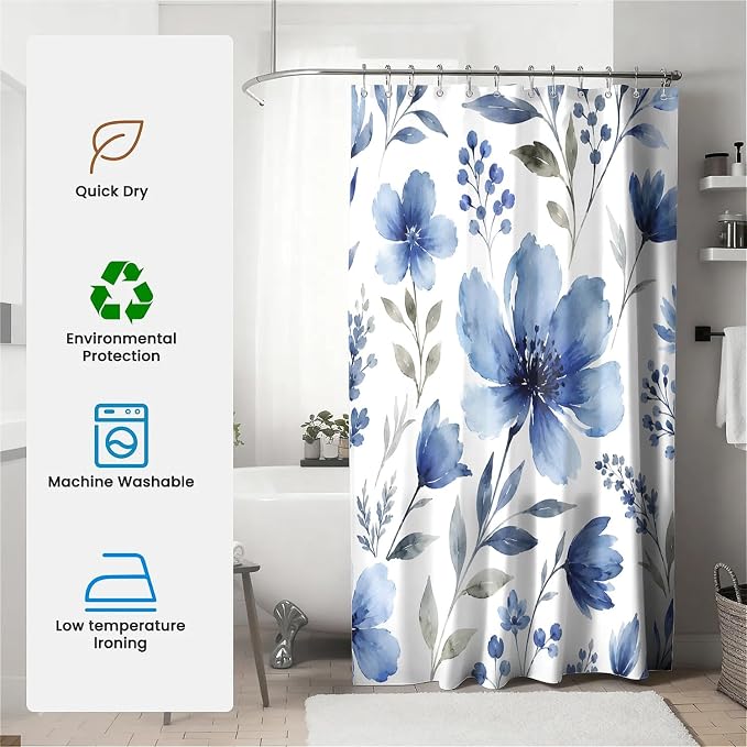 Heritage Blue Floral Printed Shower Curtain with Hooks (180 x 180cm)