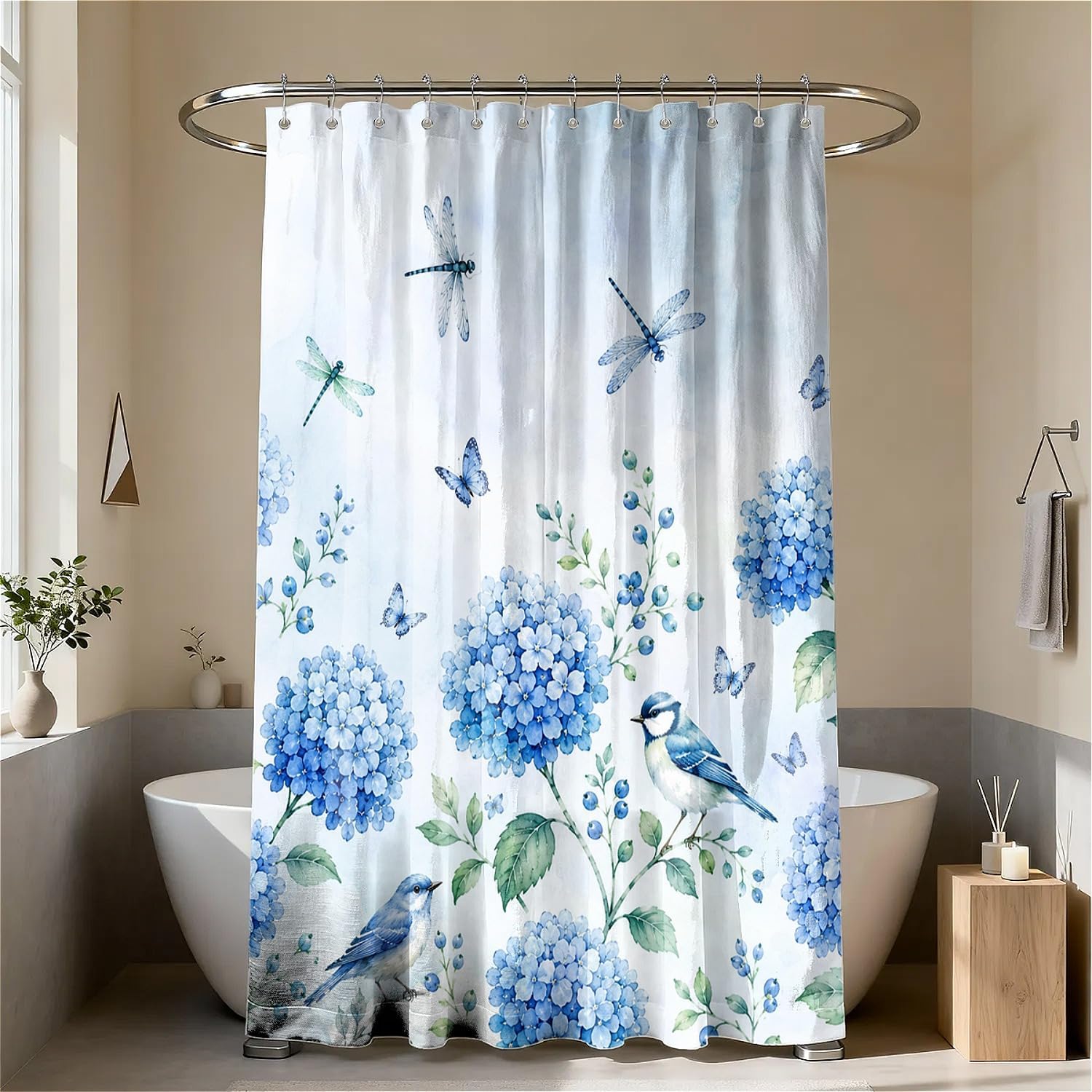 Hydrangea Floral Anti-Mould Shower Curtain with 12 Hooks - Blue (180 x 180cm)