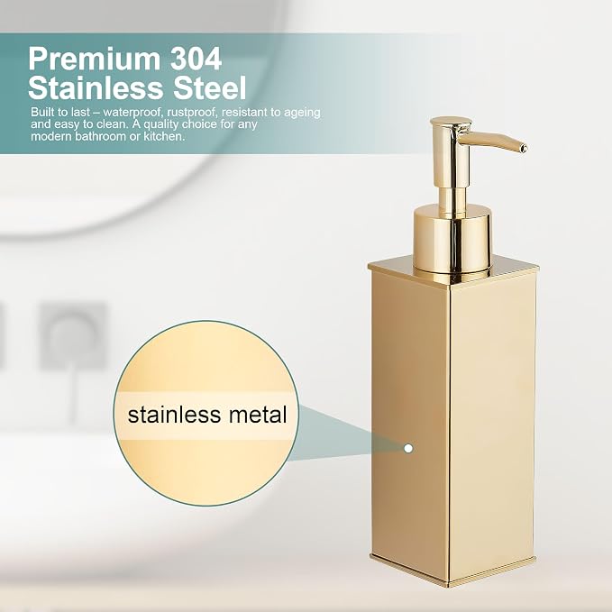 Square Stainless Steel Countertop Soap Dispensers (Set of 2) - Brushed Brass (180ml)