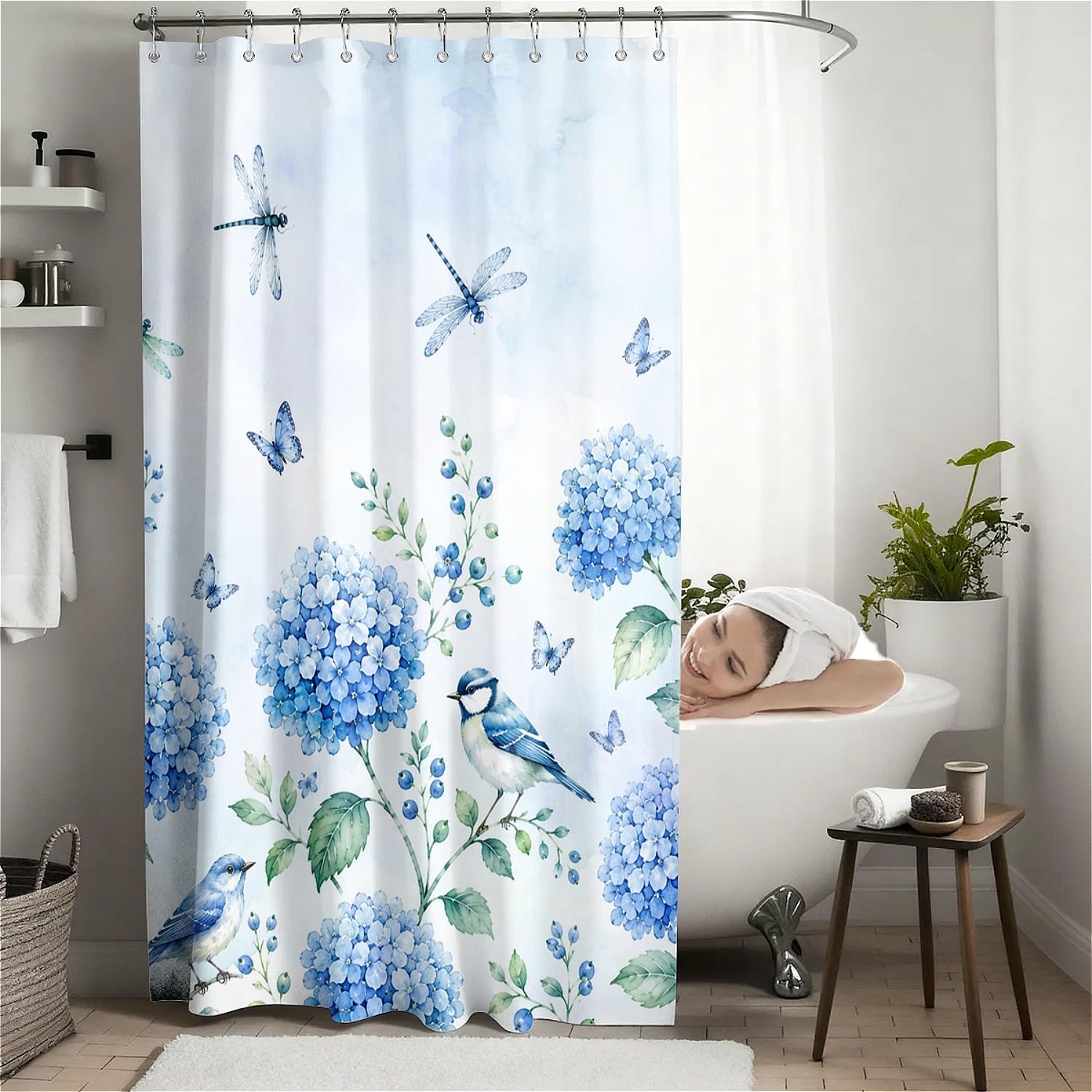 Hydrangea Floral Anti-Mould Shower Curtain with 12 Hooks - Blue (180 x 180cm)