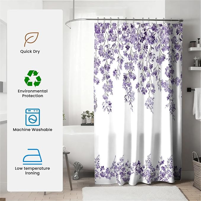 Wisteria Floral Anti-Mould Shower Curtain with 12 Hooks - Lavender (180 x 180cm)