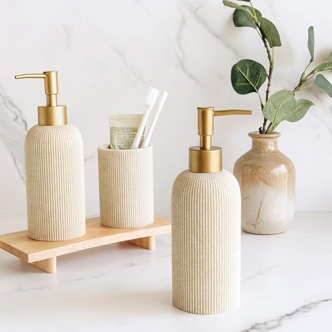 Sandstone Textured Soap Dispenser with Brushed Brass Pump - Sand Beige (200ml)