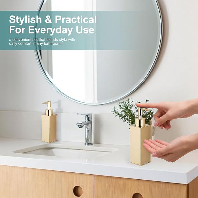 Square Stainless Steel Countertop Soap Dispensers (Set of 2) - Brushed Brass (180ml)