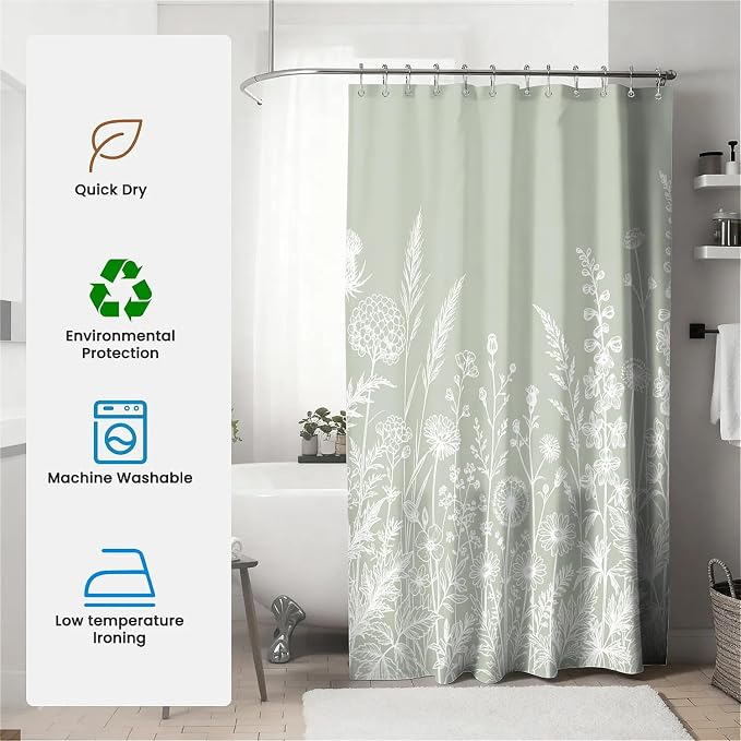Botanical Foliage Printed Shower Curtain with Hooks - White & Green (180 x 180cm)