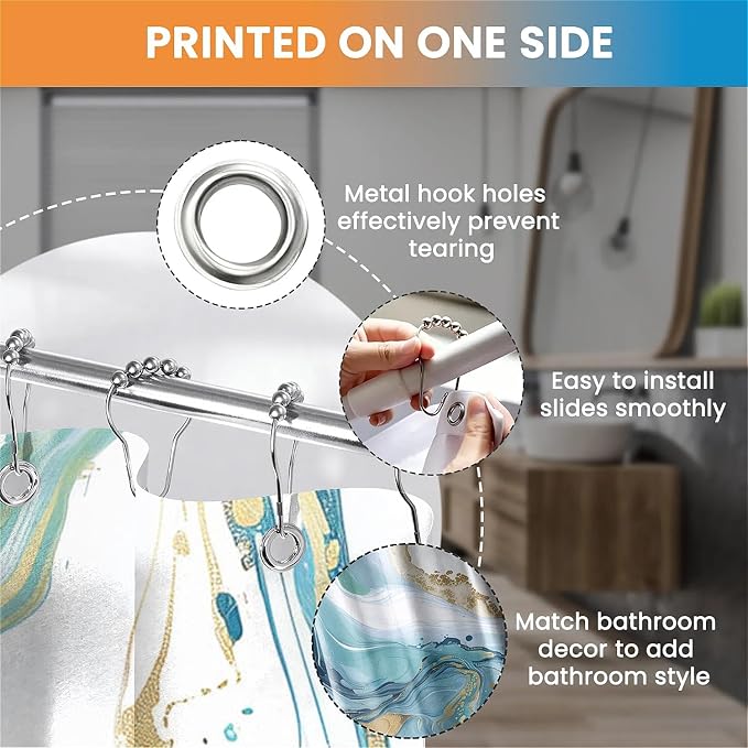 Marble Effect Waterproof Shower Curtain with Hooks - Classic Blue (180 x 180cm)