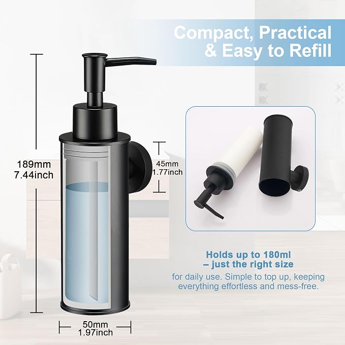 Wall-Mounted Stainless Steel Soap Dispensers (Pair) - Matt Black (180ml)