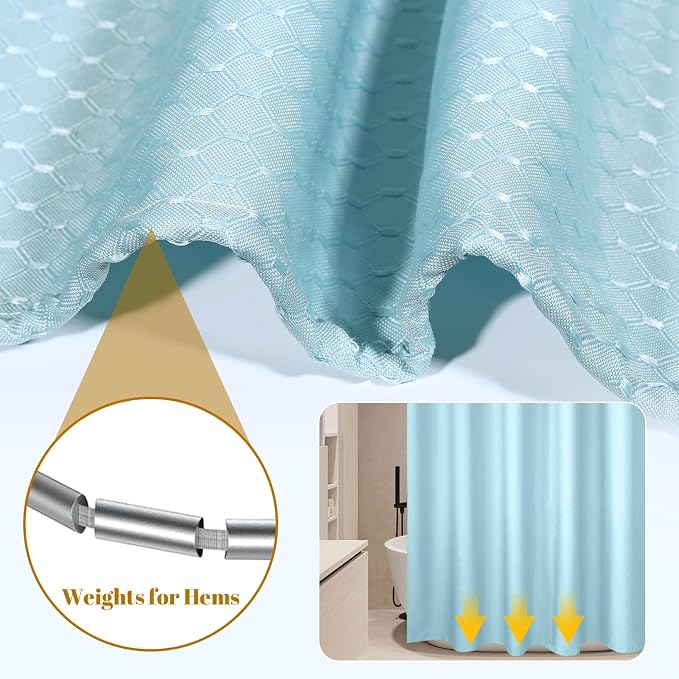 Heavyweight Waffle Weave Shower Curtain with Weighted Hem - Duck Egg Blue (300 x 200cm)