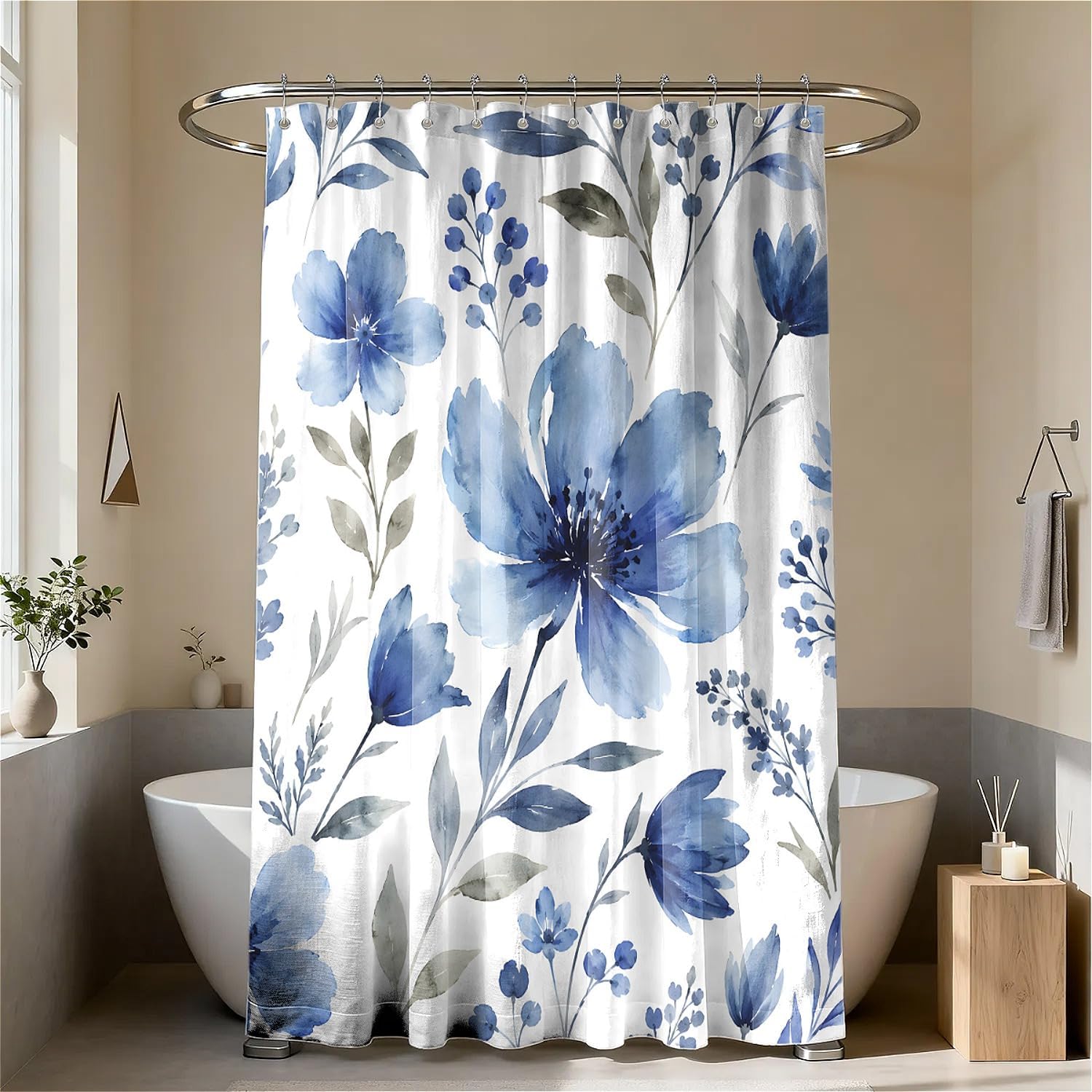 Heritage Blue Floral Printed Shower Curtain with Hooks (180 x 180cm)