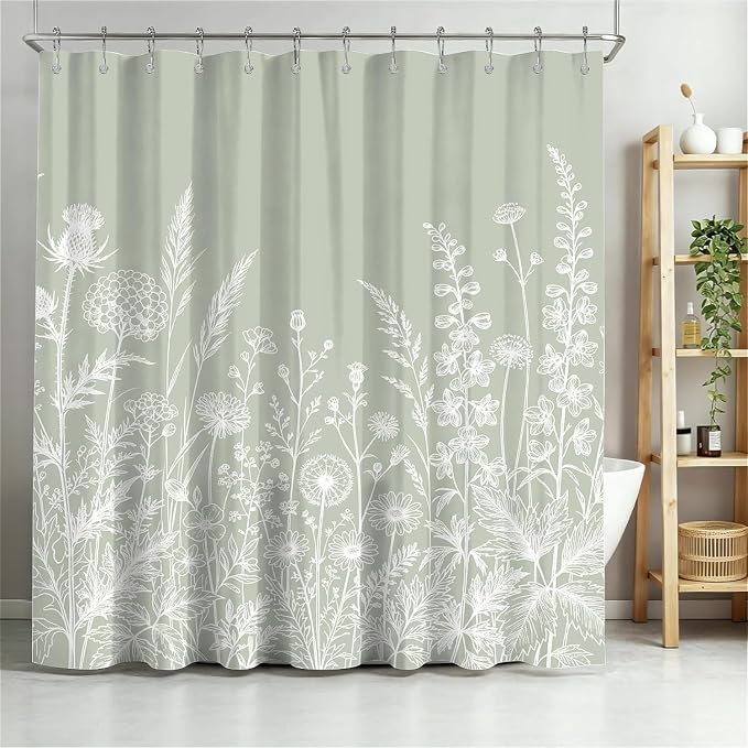 Botanical Foliage Printed Shower Curtain with Hooks - White & Green (180 x 180cm)