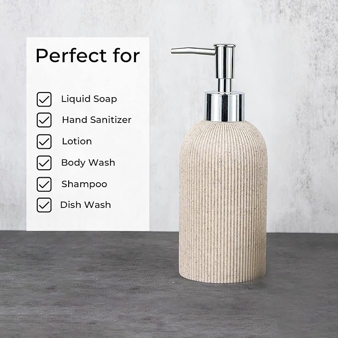 Ribbed Ceramic Hand Soap Dispenser with Chrome Pump - Warm Beige (200ml)