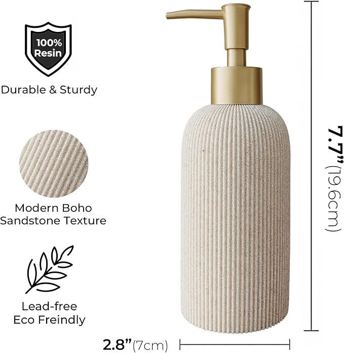 Sandstone Textured Soap Dispenser with Brushed Brass Pump - Sand Beige (200ml)