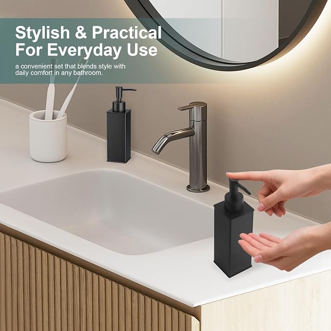 Square Stainless Steel Countertop Soap Dispensers (Set of 2) - Matt Black (180ml)