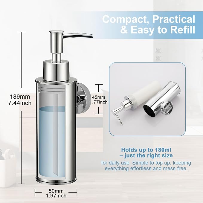 Wall-Mounted Soap Dispenser 2 Pack, 304 Stainless Steel... Chrome, 180ml